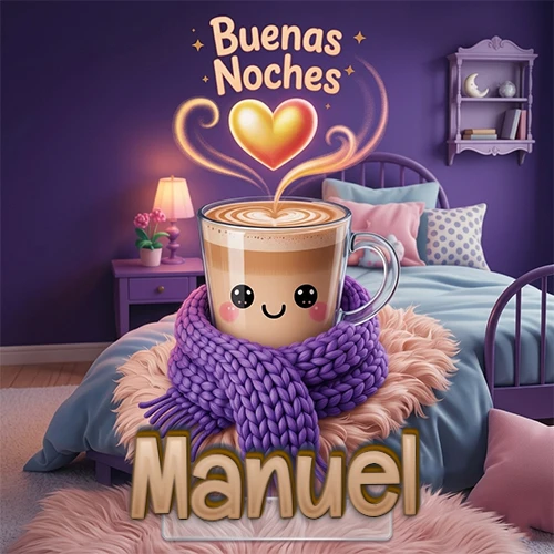 Taza de café caliente (latte) con un corazón dibujado, usando una bufanda de lana morada al estilo 'kawaii', dentro de una habitación cálida de tonos violetas con la frase 'Buenas Noches' y un corazón dorado brillante arriba. El nombre está escrito en la parte inferior frente a la bufanda. Nombre personalizado: Manuel.
