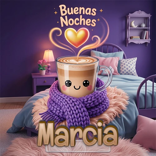Taza de café caliente (latte) con un corazón dibujado, usando una bufanda de lana morada al estilo 'kawaii', dentro de una habitación cálida de tonos violetas con la frase 'Buenas Noches' y un corazón dorado brillante arriba. El nombre está escrito en la parte inferior frente a la bufanda. Nombre personalizado: Marcia. Taza de café caliente (latte) con un corazón dibujado, usando una bufanda de lana morada al estilo 'kawaii', dentro de una habitación cálida de tonos violetas con la frase 'Buenas Noches' y un corazón dorado brillante arriba. El nombre está escrito en la parte inferior frente a la bufanda. Nombre personalizado: Marcia.