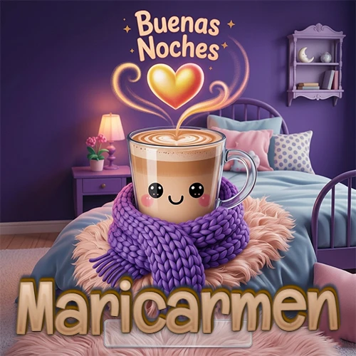 Taza de café caliente (latte) con un corazón dibujado, usando una bufanda de lana morada al estilo 'kawaii', dentro de una habitación cálida de tonos violetas con la frase 'Buenas Noches' y un corazón dorado brillante arriba. El nombre está escrito en la parte inferior frente a la bufanda. Nombre personalizado: Maricarmen. Taza de café caliente (latte) con un corazón dibujado, usando una bufanda de lana morada al estilo 'kawaii', dentro de una habitación cálida de tonos violetas con la frase 'Buenas Noches' y un corazón dorado brillante arriba. El nombre está escrito en la parte inferior frente a la bufanda. Nombre personalizado: Maricarmen.