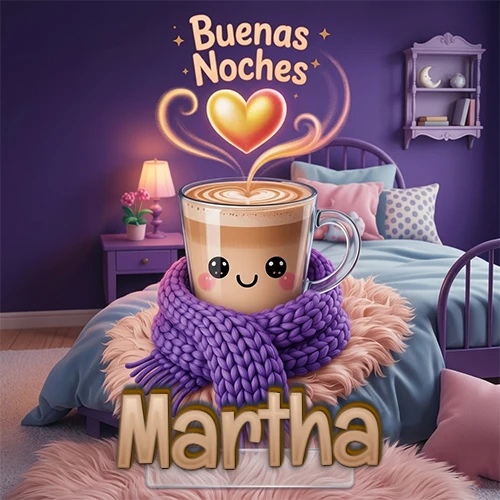Taza de café caliente (latte) con un corazón dibujado, usando una bufanda de lana morada al estilo 'kawaii', dentro de una habitación cálida de tonos violetas con la frase 'Buenas Noches' y un corazón dorado brillante arriba. El nombre está escrito en la parte inferior frente a la bufanda. Nombre personalizado: Martha.