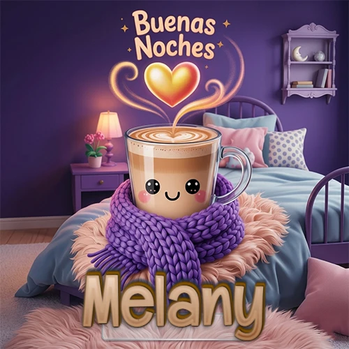 Taza de café caliente (latte) con un corazón dibujado, usando una bufanda de lana morada al estilo 'kawaii', dentro de una habitación cálida de tonos violetas con la frase 'Buenas Noches' y un corazón dorado brillante arriba. El nombre está escrito en la parte inferior frente a la bufanda. Nombre personalizado: Melany.