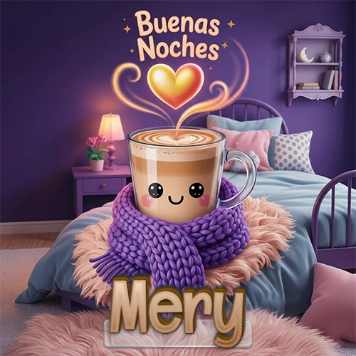 Taza de café caliente (latte) con un corazón dibujado, usando una bufanda de lana morada al estilo 'kawaii', dentro de una habitación cálida de tonos violetas con la frase 'Buenas Noches' y un corazón dorado brillante arriba. El nombre está escrito en la parte inferior frente a la bufanda. Nombre personalizado: Mery.