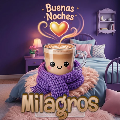 Taza de café caliente (latte) con un corazón dibujado, usando una bufanda de lana morada al estilo 'kawaii', dentro de una habitación cálida de tonos violetas con la frase 'Buenas Noches' y un corazón dorado brillante arriba. El nombre está escrito en la parte inferior frente a la bufanda. Nombre personalizado: Milagros.