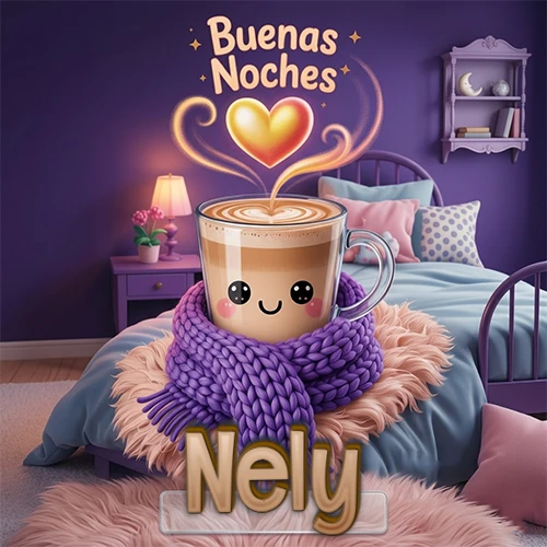 Taza de café caliente (latte) con un corazón dibujado, usando una bufanda de lana morada al estilo 'kawaii', dentro de una habitación cálida de tonos violetas con la frase 'Buenas Noches' y un corazón dorado brillante arriba. El nombre está escrito en la parte inferior frente a la bufanda. Nombre personalizado: Nely.