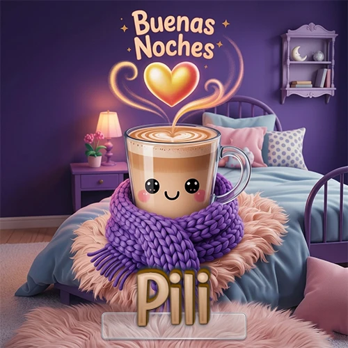 Taza de café caliente (latte) con un corazón dibujado, usando una bufanda de lana morada al estilo 'kawaii', dentro de una habitación cálida de tonos violetas con la frase 'Buenas Noches' y un corazón dorado brillante arriba. El nombre está escrito en la parte inferior frente a la bufanda. Nombre personalizado: Pili.