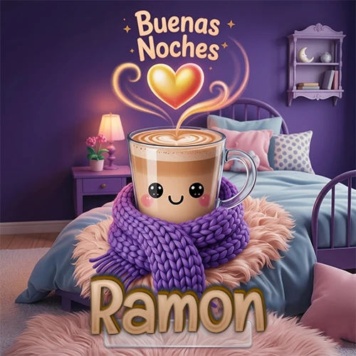Taza de café caliente (latte) con un corazón dibujado, usando una bufanda de lana morada al estilo 'kawaii', dentro de una habitación cálida de tonos violetas con la frase 'Buenas Noches' y un corazón dorado brillante arriba. El nombre está escrito en la parte inferior frente a la bufanda. Nombre personalizado: Ramon. Taza de café caliente (latte) con un corazón dibujado, usando una bufanda de lana morada al estilo 'kawaii', dentro de una habitación cálida de tonos violetas con la frase 'Buenas Noches' y un corazón dorado brillante arriba. El nombre está escrito en la parte inferior frente a la bufanda. Nombre personalizado: Ramon.