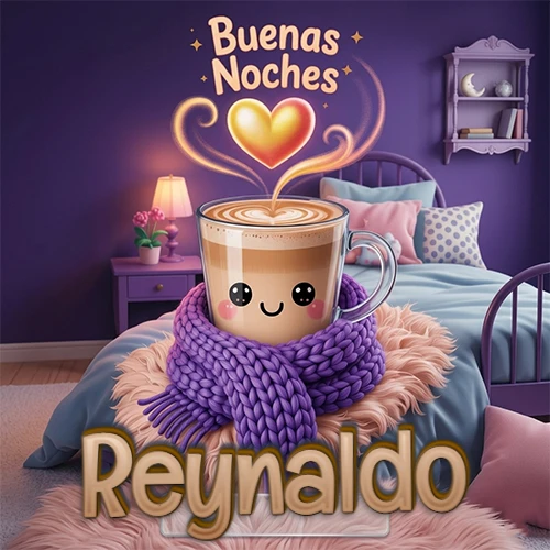 Taza de café caliente (latte) con un corazón dibujado, usando una bufanda de lana morada al estilo 'kawaii', dentro de una habitación cálida de tonos violetas con la frase 'Buenas Noches' y un corazón dorado brillante arriba. El nombre está escrito en la parte inferior frente a la bufanda. Nombre personalizado: Reynaldo. Taza de café caliente (latte) con un corazón dibujado, usando una bufanda de lana morada al estilo 'kawaii', dentro de una habitación cálida de tonos violetas con la frase 'Buenas Noches' y un corazón dorado brillante arriba. El nombre está escrito en la parte inferior frente a la bufanda. Nombre personalizado: Reynaldo.