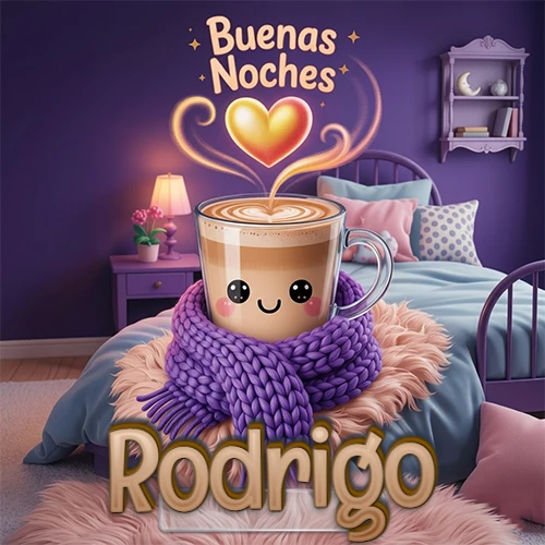 Taza de café caliente (latte) con un corazón dibujado, usando una bufanda de lana morada al estilo 'kawaii', dentro de una habitación cálida de tonos violetas con la frase 'Buenas Noches' y un corazón dorado brillante arriba. El nombre está escrito en la parte inferior frente a la bufanda. Nombre personalizado: Rodrigo.