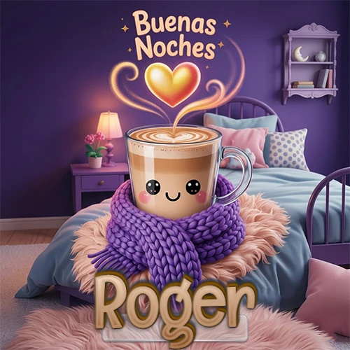 Taza de café caliente (latte) con un corazón dibujado, usando una bufanda de lana morada al estilo 'kawaii', dentro de una habitación cálida de tonos violetas con la frase 'Buenas Noches' y un corazón dorado brillante arriba. El nombre está escrito en la parte inferior frente a la bufanda. Nombre personalizado: Roger.