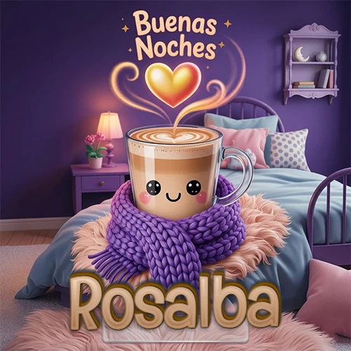 Taza de café caliente (latte) con un corazón dibujado, usando una bufanda de lana morada al estilo 'kawaii', dentro de una habitación cálida de tonos violetas con la frase 'Buenas Noches' y un corazón dorado brillante arriba. El nombre está escrito en la parte inferior frente a la bufanda. Nombre personalizado: Rosalba.