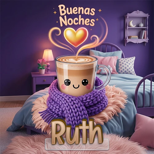 Taza de café caliente (latte) con un corazón dibujado, usando una bufanda de lana morada al estilo 'kawaii', dentro de una habitación cálida de tonos violetas con la frase 'Buenas Noches' y un corazón dorado brillante arriba. El nombre está escrito en la parte inferior frente a la bufanda. Nombre personalizado: Ruth.