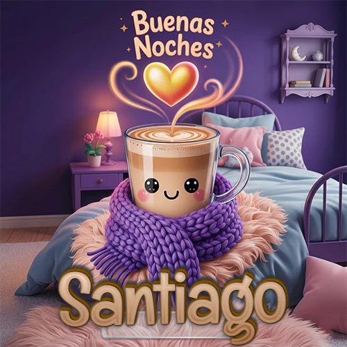 Taza de café caliente (latte) con un corazón dibujado, usando una bufanda de lana morada al estilo 'kawaii', dentro de una habitación cálida de tonos violetas con la frase 'Buenas Noches' y un corazón dorado brillante arriba. El nombre está escrito en la parte inferior frente a la bufanda. Nombre personalizado: Santiago. Taza de café caliente (latte) con un corazón dibujado, usando una bufanda de lana morada al estilo 'kawaii', dentro de una habitación cálida de tonos violetas con la frase 'Buenas Noches' y un corazón dorado brillante arriba. El nombre está escrito en la parte inferior frente a la bufanda. Nombre personalizado: Santiago.