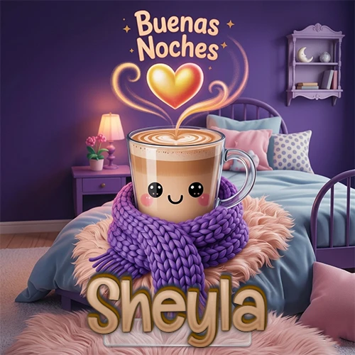 Taza de café caliente (latte) con un corazón dibujado, usando una bufanda de lana morada al estilo 'kawaii', dentro de una habitación cálida de tonos violetas con la frase 'Buenas Noches' y un corazón dorado brillante arriba. El nombre está escrito en la parte inferior frente a la bufanda. Nombre personalizado: Sheyla.