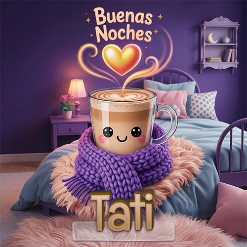 Taza de café caliente (latte) con un corazón dibujado, usando una bufanda de lana morada al estilo 'kawaii', dentro de una habitación cálida de tonos violetas con la frase 'Buenas Noches' y un corazón dorado brillante arriba. El nombre está escrito en la parte inferior frente a la bufanda. Nombre personalizado: Tati. Taza de café caliente (latte) con un corazón dibujado, usando una bufanda de lana morada al estilo 'kawaii', dentro de una habitación cálida de tonos violetas con la frase 'Buenas Noches' y un corazón dorado brillante arriba. El nombre está escrito en la parte inferior frente a la bufanda. Nombre personalizado: Tati.