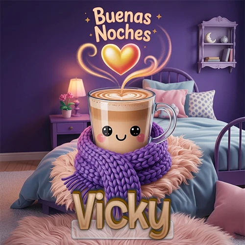 Taza de café caliente (latte) con un corazón dibujado, usando una bufanda de lana morada al estilo 'kawaii', dentro de una habitación cálida de tonos violetas con la frase 'Buenas Noches' y un corazón dorado brillante arriba. El nombre está escrito en la parte inferior frente a la bufanda. Nombre personalizado: Vicky. Taza de café caliente (latte) con un corazón dibujado, usando una bufanda de lana morada al estilo 'kawaii', dentro de una habitación cálida de tonos violetas con la frase 'Buenas Noches' y un corazón dorado brillante arriba. El nombre está escrito en la parte inferior frente a la bufanda. Nombre personalizado: Vicky.