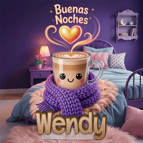 Taza de café caliente (latte) con un corazón dibujado, usando una bufanda de lana morada al estilo 'kawaii', dentro de una habitación cálida de tonos violetas con la frase 'Buenas Noches' y un corazón dorado brillante arriba. El nombre está escrito en la parte inferior frente a la bufanda. Nombre personalizado: Wendy. Taza de café caliente (latte) con un corazón dibujado, usando una bufanda de lana morada al estilo 'kawaii', dentro de una habitación cálida de tonos violetas con la frase 'Buenas Noches' y un corazón dorado brillante arriba. El nombre está escrito en la parte inferior frente a la bufanda. Nombre personalizado: Wendy.