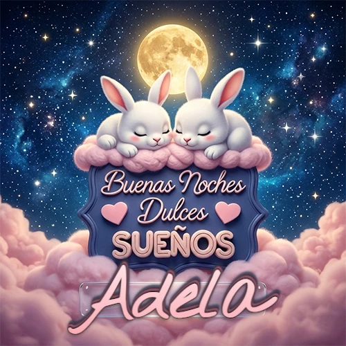 Dos conejitos blancos durmiendo plácidamente sobre una nube rosa suave, detrás un cartel azul elegante que dice 'Buenas Noches Dulces Sueños', en un ambiente celestial nocturno lleno de nubes rosadas y luna llena. El nombre está dentro de un marco de vidrio transparente debajo del cartel azul. Nombre personalizado: Adela. Dos conejitos blancos durmiendo plácidamente sobre una nube rosa suave, detrás un cartel azul elegante que dice 'Buenas Noches Dulces Sueños', en un ambiente celestial nocturno lleno de nubes rosadas y luna llena. El nombre está dentro de un marco de vidrio transparente debajo del cartel azul. Nombre personalizado: Adela.