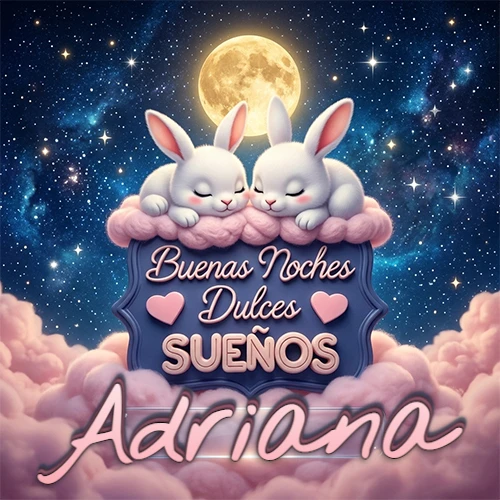 Dos conejitos blancos durmiendo plácidamente sobre una nube rosa suave, detrás un cartel azul elegante que dice 'Buenas Noches Dulces Sueños', en un ambiente celestial nocturno lleno de nubes rosadas y luna llena. El nombre está dentro de un marco de vidrio transparente debajo del cartel azul. Nombre personalizado: Adriana. Dos conejitos blancos durmiendo plácidamente sobre una nube rosa suave, detrás un cartel azul elegante que dice 'Buenas Noches Dulces Sueños', en un ambiente celestial nocturno lleno de nubes rosadas y luna llena. El nombre está dentro de un marco de vidrio transparente debajo del cartel azul. Nombre personalizado: Adriana.