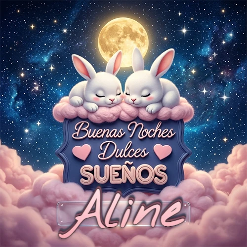 Dos conejitos blancos durmiendo plácidamente sobre una nube rosa suave, detrás un cartel azul elegante que dice 'Buenas Noches Dulces Sueños', en un ambiente celestial nocturno lleno de nubes rosadas y luna llena. El nombre está dentro de un marco de vidrio transparente debajo del cartel azul. Nombre personalizado: Aline. Dos conejitos blancos durmiendo plácidamente sobre una nube rosa suave, detrás un cartel azul elegante que dice 'Buenas Noches Dulces Sueños', en un ambiente celestial nocturno lleno de nubes rosadas y luna llena. El nombre está dentro de un marco de vidrio transparente debajo del cartel azul. Nombre personalizado: Aline.