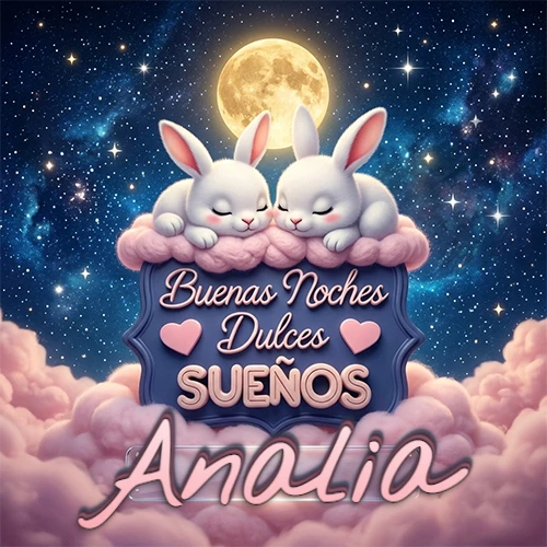 Dos conejitos blancos durmiendo plácidamente sobre una nube rosa suave, detrás un cartel azul elegante que dice 'Buenas Noches Dulces Sueños', en un ambiente celestial nocturno lleno de nubes rosadas y luna llena. El nombre está dentro de un marco de vidrio transparente debajo del cartel azul. Nombre personalizado: Analia.