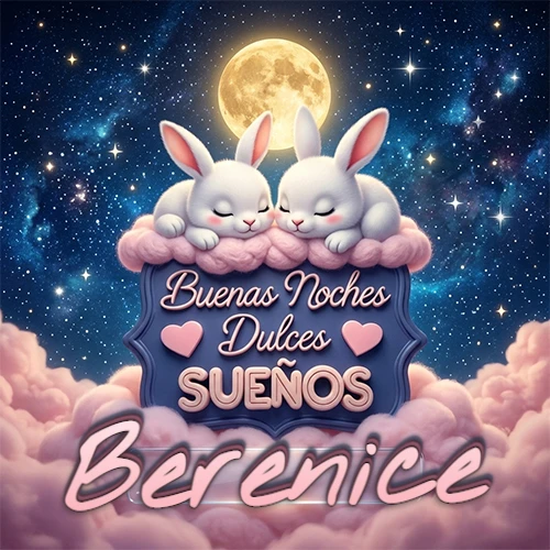 Dos conejitos blancos durmiendo plácidamente sobre una nube rosa suave, detrás un cartel azul elegante que dice 'Buenas Noches Dulces Sueños', en un ambiente celestial nocturno lleno de nubes rosadas y luna llena. El nombre está dentro de un marco de vidrio transparente debajo del cartel azul. Nombre personalizado: Berenice. Dos conejitos blancos durmiendo plácidamente sobre una nube rosa suave, detrás un cartel azul elegante que dice 'Buenas Noches Dulces Sueños', en un ambiente celestial nocturno lleno de nubes rosadas y luna llena. El nombre está dentro de un marco de vidrio transparente debajo del cartel azul. Nombre personalizado: Berenice.