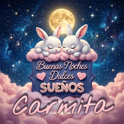 Dos conejitos blancos durmiendo plácidamente sobre una nube rosa suave, detrás un cartel azul elegante que dice 'Buenas Noches Dulces Sueños', en un ambiente celestial nocturno lleno de nubes rosadas y luna llena. El nombre está dentro de un marco de vidrio transparente debajo del cartel azul. Nombre personalizado: Carmita. Dos conejitos blancos durmiendo plácidamente sobre una nube rosa suave, detrás un cartel azul elegante que dice 'Buenas Noches Dulces Sueños', en un ambiente celestial nocturno lleno de nubes rosadas y luna llena. El nombre está dentro de un marco de vidrio transparente debajo del cartel azul. Nombre personalizado: Carmita.