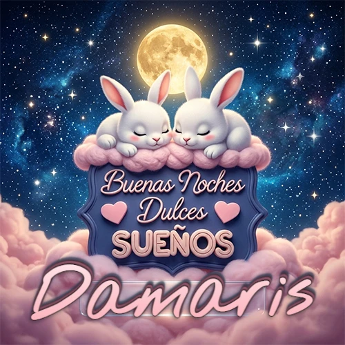 Dos conejitos blancos durmiendo plácidamente sobre una nube rosa suave, detrás un cartel azul elegante que dice 'Buenas Noches Dulces Sueños', en un ambiente celestial nocturno lleno de nubes rosadas y luna llena. El nombre está dentro de un marco de vidrio transparente debajo del cartel azul. Nombre personalizado: Damaris.