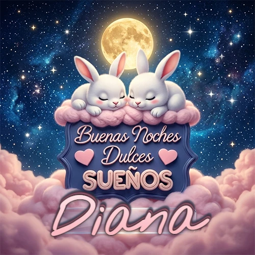 Dos conejitos blancos durmiendo plácidamente sobre una nube rosa suave, detrás un cartel azul elegante que dice 'Buenas Noches Dulces Sueños', en un ambiente celestial nocturno lleno de nubes rosadas y luna llena. El nombre está dentro de un marco de vidrio transparente debajo del cartel azul. Nombre personalizado: Diana. Dos conejitos blancos durmiendo plácidamente sobre una nube rosa suave, detrás un cartel azul elegante que dice 'Buenas Noches Dulces Sueños', en un ambiente celestial nocturno lleno de nubes rosadas y luna llena. El nombre está dentro de un marco de vidrio transparente debajo del cartel azul. Nombre personalizado: Diana.