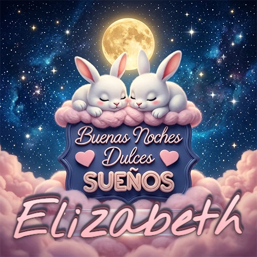 Dos conejitos blancos durmiendo plácidamente sobre una nube rosa suave, detrás un cartel azul elegante que dice 'Buenas Noches Dulces Sueños', en un ambiente celestial nocturno lleno de nubes rosadas y luna llena. El nombre está dentro de un marco de vidrio transparente debajo del cartel azul. Nombre personalizado: Elizabeth.