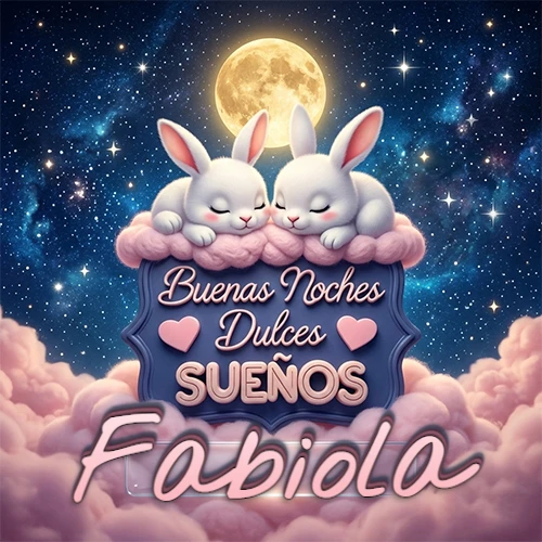 Dos conejitos blancos durmiendo plácidamente sobre una nube rosa suave, detrás un cartel azul elegante que dice 'Buenas Noches Dulces Sueños', en un ambiente celestial nocturno lleno de nubes rosadas y luna llena. El nombre está dentro de un marco de vidrio transparente debajo del cartel azul. Nombre personalizado: Fabiola.