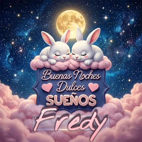 Dos conejitos blancos durmiendo plácidamente sobre una nube rosa suave, detrás un cartel azul elegante que dice 'Buenas Noches Dulces Sueños', en un ambiente celestial nocturno lleno de nubes rosadas y luna llena. El nombre está dentro de un marco de vidrio transparente debajo del cartel azul. Nombre personalizado: Fredy.