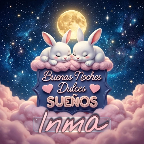 Dos conejitos blancos durmiendo plácidamente sobre una nube rosa suave, detrás un cartel azul elegante que dice 'Buenas Noches Dulces Sueños', en un ambiente celestial nocturno lleno de nubes rosadas y luna llena. El nombre está dentro de un marco de vidrio transparente debajo del cartel azul. Nombre personalizado: Inma.