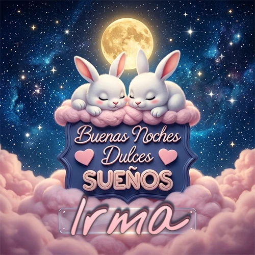 Dos conejitos blancos durmiendo plácidamente sobre una nube rosa suave, detrás un cartel azul elegante que dice 'Buenas Noches Dulces Sueños', en un ambiente celestial nocturno lleno de nubes rosadas y luna llena. El nombre está dentro de un marco de vidrio transparente debajo del cartel azul. Nombre personalizado: Irma.