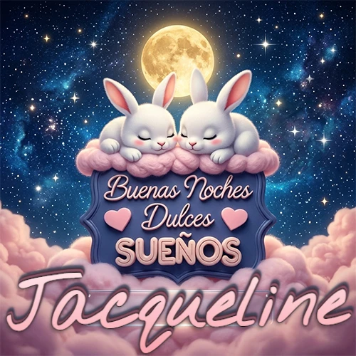 Dos conejitos blancos durmiendo plácidamente sobre una nube rosa suave, detrás un cartel azul elegante que dice 'Buenas Noches Dulces Sueños', en un ambiente celestial nocturno lleno de nubes rosadas y luna llena. El nombre está dentro de un marco de vidrio transparente debajo del cartel azul. Nombre personalizado: Jacqueline.