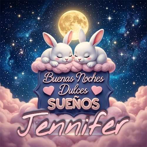 Dos conejitos blancos durmiendo plácidamente sobre una nube rosa suave, detrás un cartel azul elegante que dice 'Buenas Noches Dulces Sueños', en un ambiente celestial nocturno lleno de nubes rosadas y luna llena. El nombre está dentro de un marco de vidrio transparente debajo del cartel azul. Nombre personalizado: Jennifer.