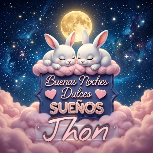 Dos conejitos blancos durmiendo plácidamente sobre una nube rosa suave, detrás un cartel azul elegante que dice 'Buenas Noches Dulces Sueños', en un ambiente celestial nocturno lleno de nubes rosadas y luna llena. El nombre está dentro de un marco de vidrio transparente debajo del cartel azul. Nombre personalizado: Jhon.