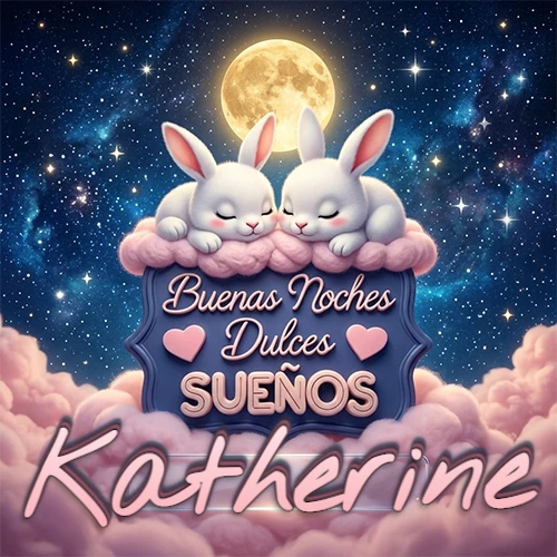 Dos conejitos blancos durmiendo plácidamente sobre una nube rosa suave, detrás un cartel azul elegante que dice 'Buenas Noches Dulces Sueños', en un ambiente celestial nocturno lleno de nubes rosadas y luna llena. El nombre está dentro de un marco de vidrio transparente debajo del cartel azul. Nombre personalizado: Katherine.
