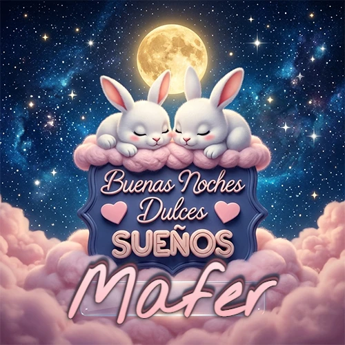 Dos conejitos blancos durmiendo plácidamente sobre una nube rosa suave, detrás un cartel azul elegante que dice 'Buenas Noches Dulces Sueños', en un ambiente celestial nocturno lleno de nubes rosadas y luna llena. El nombre está dentro de un marco de vidrio transparente debajo del cartel azul. Nombre personalizado: Mafer. Dos conejitos blancos durmiendo plácidamente sobre una nube rosa suave, detrás un cartel azul elegante que dice 'Buenas Noches Dulces Sueños', en un ambiente celestial nocturno lleno de nubes rosadas y luna llena. El nombre está dentro de un marco de vidrio transparente debajo del cartel azul. Nombre personalizado: Mafer.
