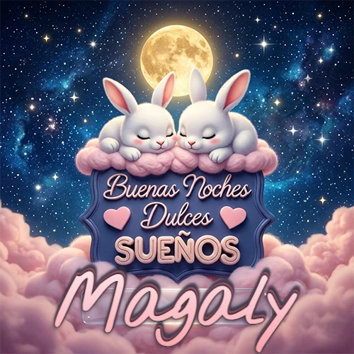 Dos conejitos blancos durmiendo plácidamente sobre una nube rosa suave, detrás un cartel azul elegante que dice 'Buenas Noches Dulces Sueños', en un ambiente celestial nocturno lleno de nubes rosadas y luna llena. El nombre está dentro de un marco de vidrio transparente debajo del cartel azul. Nombre personalizado: Magaly. Dos conejitos blancos durmiendo plácidamente sobre una nube rosa suave, detrás un cartel azul elegante que dice 'Buenas Noches Dulces Sueños', en un ambiente celestial nocturno lleno de nubes rosadas y luna llena. El nombre está dentro de un marco de vidrio transparente debajo del cartel azul. Nombre personalizado: Magaly.