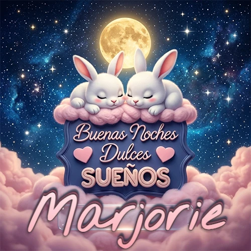 Dos conejitos blancos durmiendo plácidamente sobre una nube rosa suave, detrás un cartel azul elegante que dice 'Buenas Noches Dulces Sueños', en un ambiente celestial nocturno lleno de nubes rosadas y luna llena. El nombre está dentro de un marco de vidrio transparente debajo del cartel azul. Nombre personalizado: Marjorie.