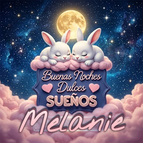 Dos conejitos blancos durmiendo plácidamente sobre una nube rosa suave, detrás un cartel azul elegante que dice 'Buenas Noches Dulces Sueños', en un ambiente celestial nocturno lleno de nubes rosadas y luna llena. El nombre está dentro de un marco de vidrio transparente debajo del cartel azul. Nombre personalizado: Melanie.