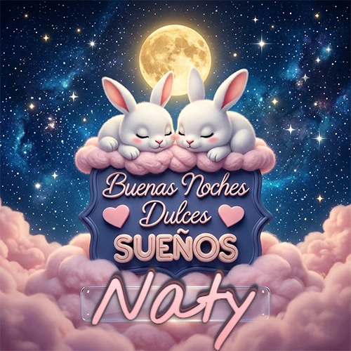 Dos conejitos blancos durmiendo plácidamente sobre una nube rosa suave, detrás un cartel azul elegante que dice 'Buenas Noches Dulces Sueños', en un ambiente celestial nocturno lleno de nubes rosadas y luna llena. El nombre está dentro de un marco de vidrio transparente debajo del cartel azul. Nombre personalizado: Naty.