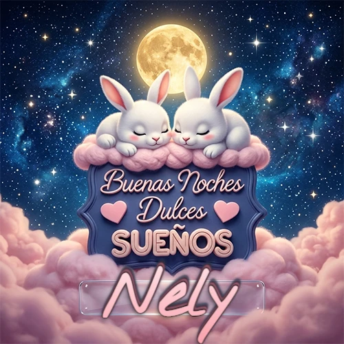 Dos conejitos blancos durmiendo plácidamente sobre una nube rosa suave, detrás un cartel azul elegante que dice 'Buenas Noches Dulces Sueños', en un ambiente celestial nocturno lleno de nubes rosadas y luna llena. El nombre está dentro de un marco de vidrio transparente debajo del cartel azul. Nombre personalizado: Nely.