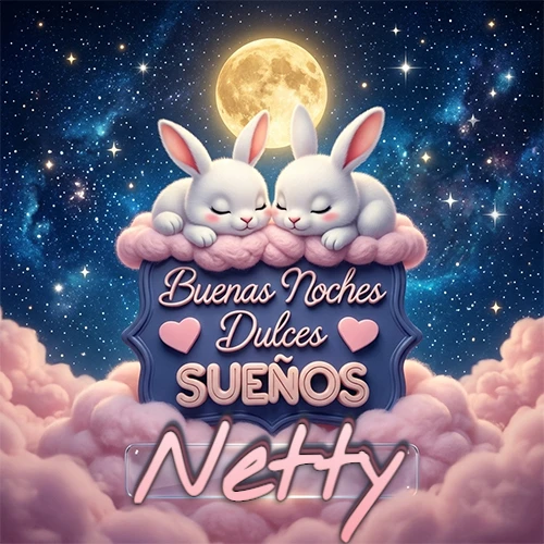 Dos conejitos blancos durmiendo plácidamente sobre una nube rosa suave, detrás un cartel azul elegante que dice 'Buenas Noches Dulces Sueños', en un ambiente celestial nocturno lleno de nubes rosadas y luna llena. El nombre está dentro de un marco de vidrio transparente debajo del cartel azul. Nombre personalizado: Netty.