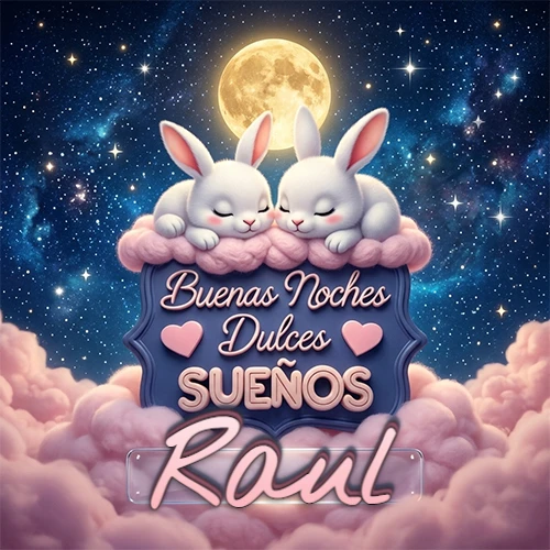 Dos conejitos blancos durmiendo plácidamente sobre una nube rosa suave, detrás un cartel azul elegante que dice 'Buenas Noches Dulces Sueños', en un ambiente celestial nocturno lleno de nubes rosadas y luna llena. El nombre está dentro de un marco de vidrio transparente debajo del cartel azul. Nombre personalizado: Raul.