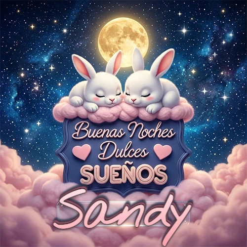 Dos conejitos blancos durmiendo plácidamente sobre una nube rosa suave, detrás un cartel azul elegante que dice 'Buenas Noches Dulces Sueños', en un ambiente celestial nocturno lleno de nubes rosadas y luna llena. El nombre está dentro de un marco de vidrio transparente debajo del cartel azul. Nombre personalizado: Sandy.