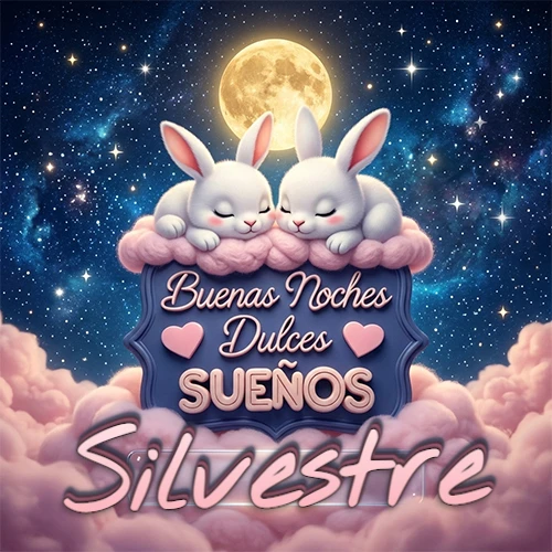 Dos conejitos blancos durmiendo plácidamente sobre una nube rosa suave, detrás un cartel azul elegante que dice 'Buenas Noches Dulces Sueños', en un ambiente celestial nocturno lleno de nubes rosadas y luna llena. El nombre está dentro de un marco de vidrio transparente debajo del cartel azul. Nombre personalizado: Silvestre.