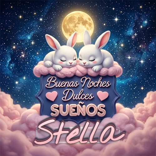 Dos conejitos blancos durmiendo plácidamente sobre una nube rosa suave, detrás un cartel azul elegante que dice 'Buenas Noches Dulces Sueños', en un ambiente celestial nocturno lleno de nubes rosadas y luna llena. El nombre está dentro de un marco de vidrio transparente debajo del cartel azul. Nombre personalizado: Stella. Dos conejitos blancos durmiendo plácidamente sobre una nube rosa suave, detrás un cartel azul elegante que dice 'Buenas Noches Dulces Sueños', en un ambiente celestial nocturno lleno de nubes rosadas y luna llena. El nombre está dentro de un marco de vidrio transparente debajo del cartel azul. Nombre personalizado: Stella.
