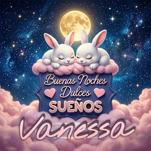 Dos conejitos blancos durmiendo plácidamente sobre una nube rosa suave, detrás un cartel azul elegante que dice 'Buenas Noches Dulces Sueños', en un ambiente celestial nocturno lleno de nubes rosadas y luna llena. El nombre está dentro de un marco de vidrio transparente debajo del cartel azul. Nombre personalizado: Vanessa. Dos conejitos blancos durmiendo plácidamente sobre una nube rosa suave, detrás un cartel azul elegante que dice 'Buenas Noches Dulces Sueños', en un ambiente celestial nocturno lleno de nubes rosadas y luna llena. El nombre está dentro de un marco de vidrio transparente debajo del cartel azul. Nombre personalizado: Vanessa.