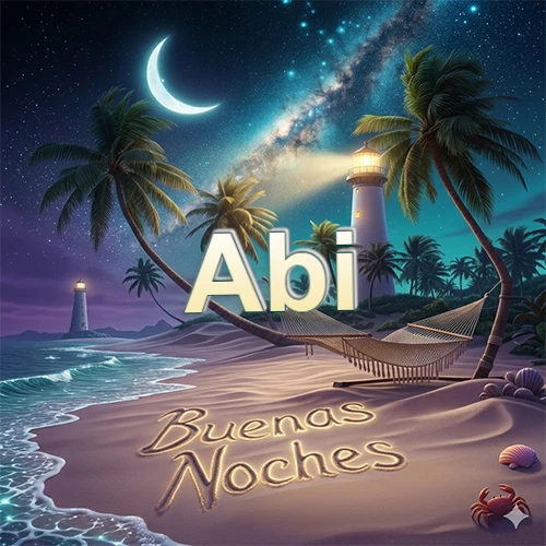 Escena nocturna mágica de una playa tropical con dos palmeras, hamaca de red y un faro iluminado en el horizonte, con la frase 'Buenas Noches' escrita artísticamente en la arena húmeda bajo la luz de la galaxia y la luna. El nombre aparece con letra luminosa grande en medio del cielo entre las dos palmeras. Nombre personalizado: Abi.